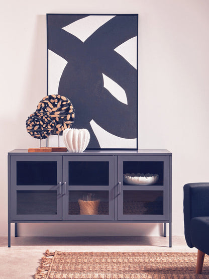 Acier Grey Metal 3 Door Sideboard with Glass Doors