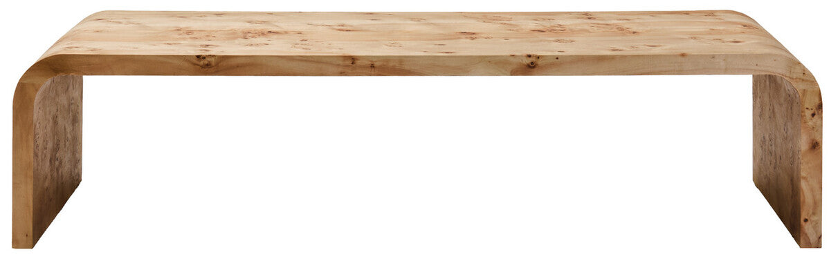 Natural burl wood curved coffee table with smooth edges by Orsina, showcasing a sleek, organic design for modern living spaces.