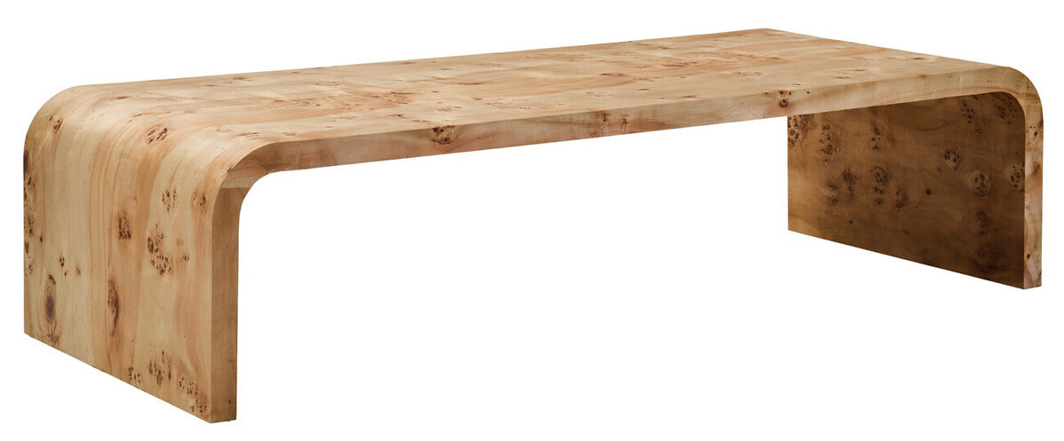 Orsina natural burl wood curved coffee table with smooth edges, showcasing a sleek, organic design for modern interiors.