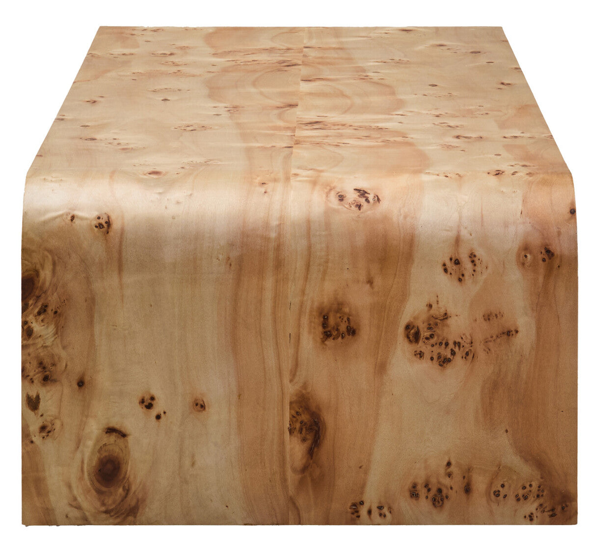 Orsina natural burl wood coffee table with smooth curved edges, modern and stylish design for living room decor.