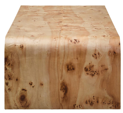Orsina natural burl wood coffee table with smooth curved edges, modern and stylish design for living room decor.
