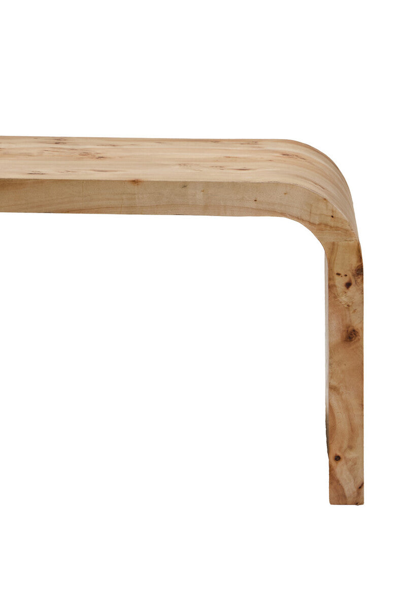 Natural Burl wood curved coffee table by Orsina with smooth edges, showcasing its elegant, organic design and polished finish.