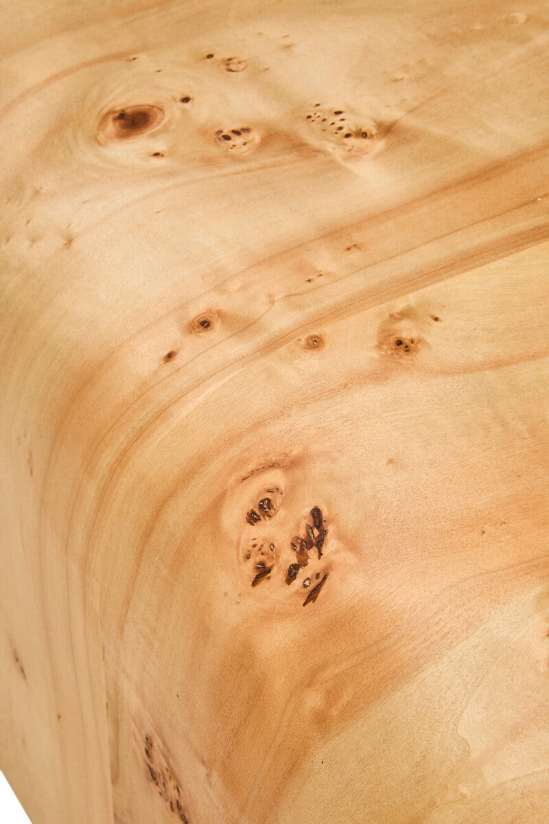 Natural burl wood curved coffee table with smooth edges by Orsina, showcasing a sleek, modern design and rich wood grain.