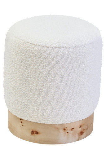 Orsina Mota burl wood and cream boucle round stool with plush fabric and wooden base, stylish seating for modern interiors.