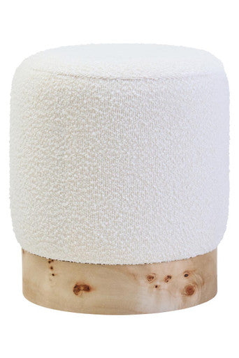 Orsina Mota burl wood and cream boucle round stool with a stylish fabric cushion and wooden base, modern design for seating.