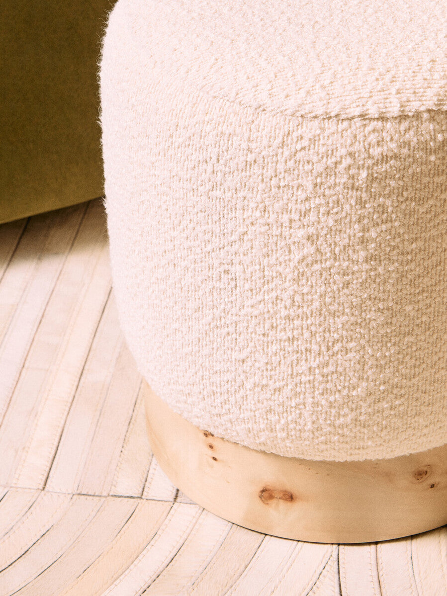 Orsina Mota burl wood and cream boucle round stool with wooden legs, stylish and comfortable for living room or bedroom decor.