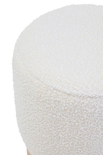 Orsina Mota burl wood and cream boucle round pouffe stool with a cozy, textured fabric and stylish wooden base.