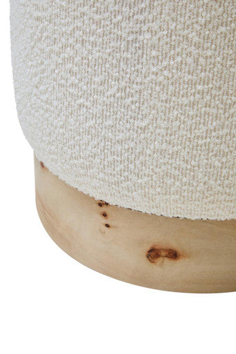 Orsina Mota burl wood and cream boucle round pouffe, stylish stool with a rounded design and textured fabric surface.