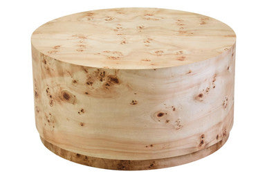 Natural burl wood round coffee table with drum shape design by Orsina, showcasing smooth wood grain and modern style.