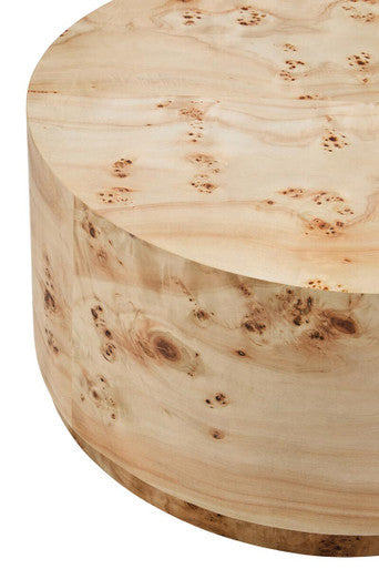 Natural burl wood round coffee table with drum shape design by Orsina, showcasing smooth wood grain and modern style.