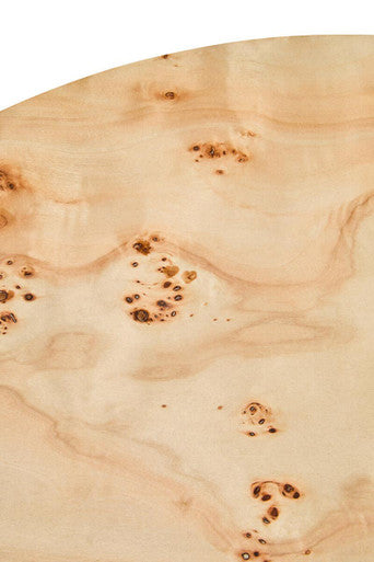 Natural burl wood round coffee table with drum shape design by Orsina, showcasing rich wood grain and smooth circular surface.