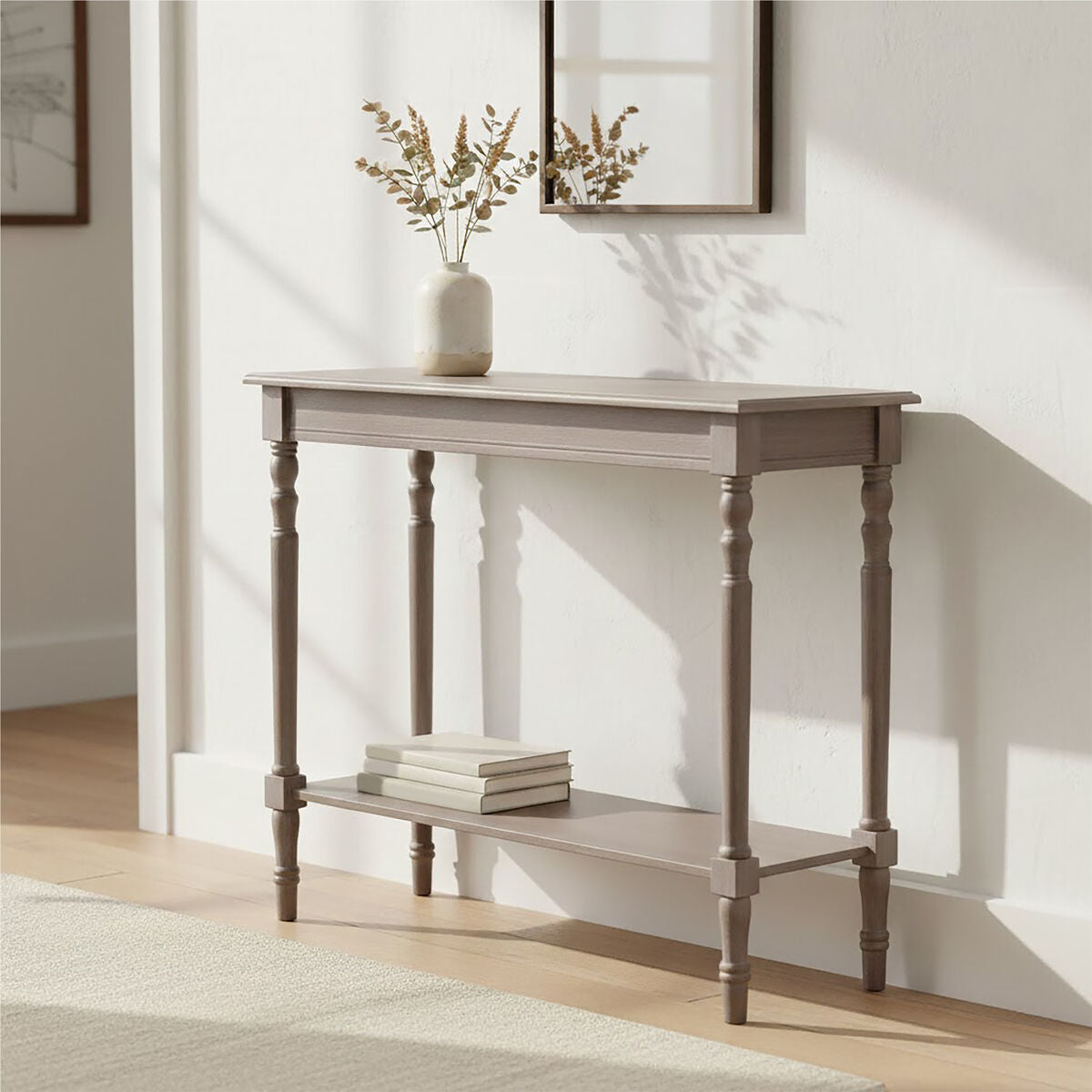 Natural pine wood console table with lower storage shelf by Orsina, showcasing a sleek design and warm wood finish.