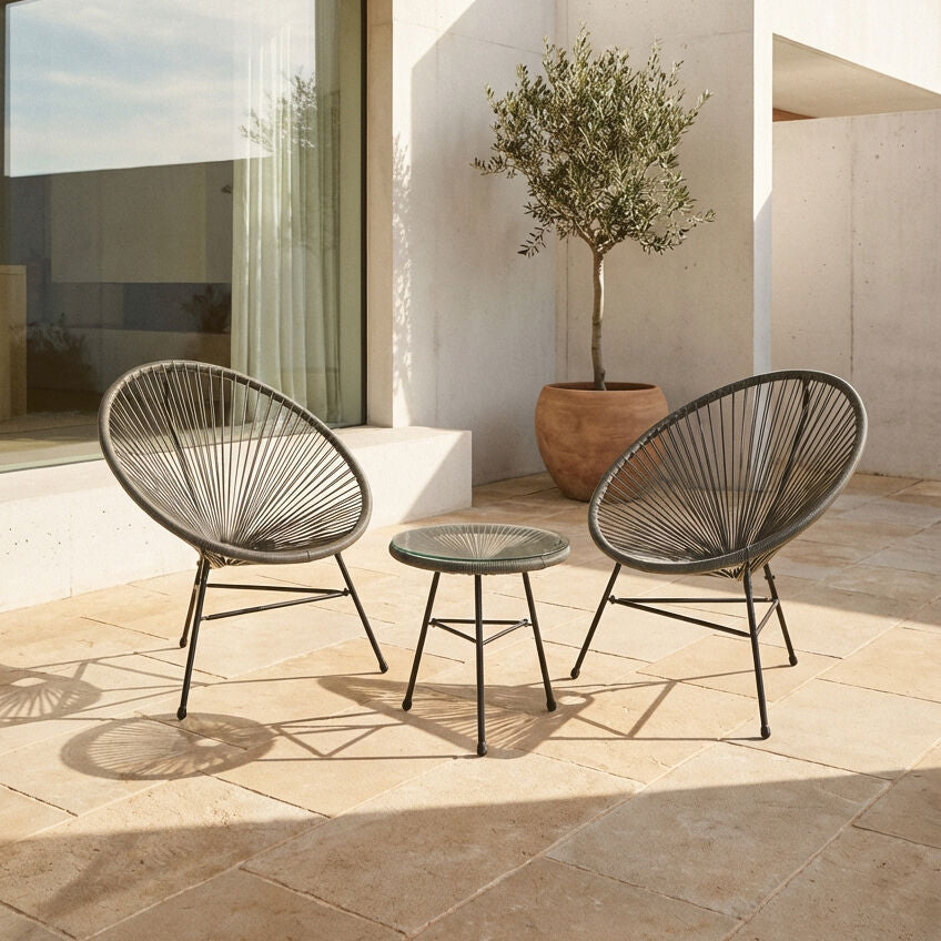 Orsina Miami Grey 3-piece rattan patio set with cushioned seats, ideal for conservatory and outdoor seating areas.