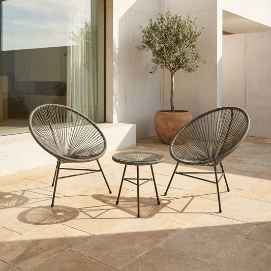 Orsina Miami Grey 3-piece rattan patio set with cushioned seats, ideal for conservatory and outdoor seating areas.
