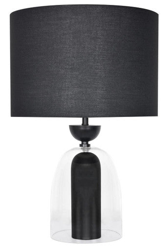 Orsina Sellis clear glass and black metal table lamp with modern design, featuring a sleek glass shade and black metal base.