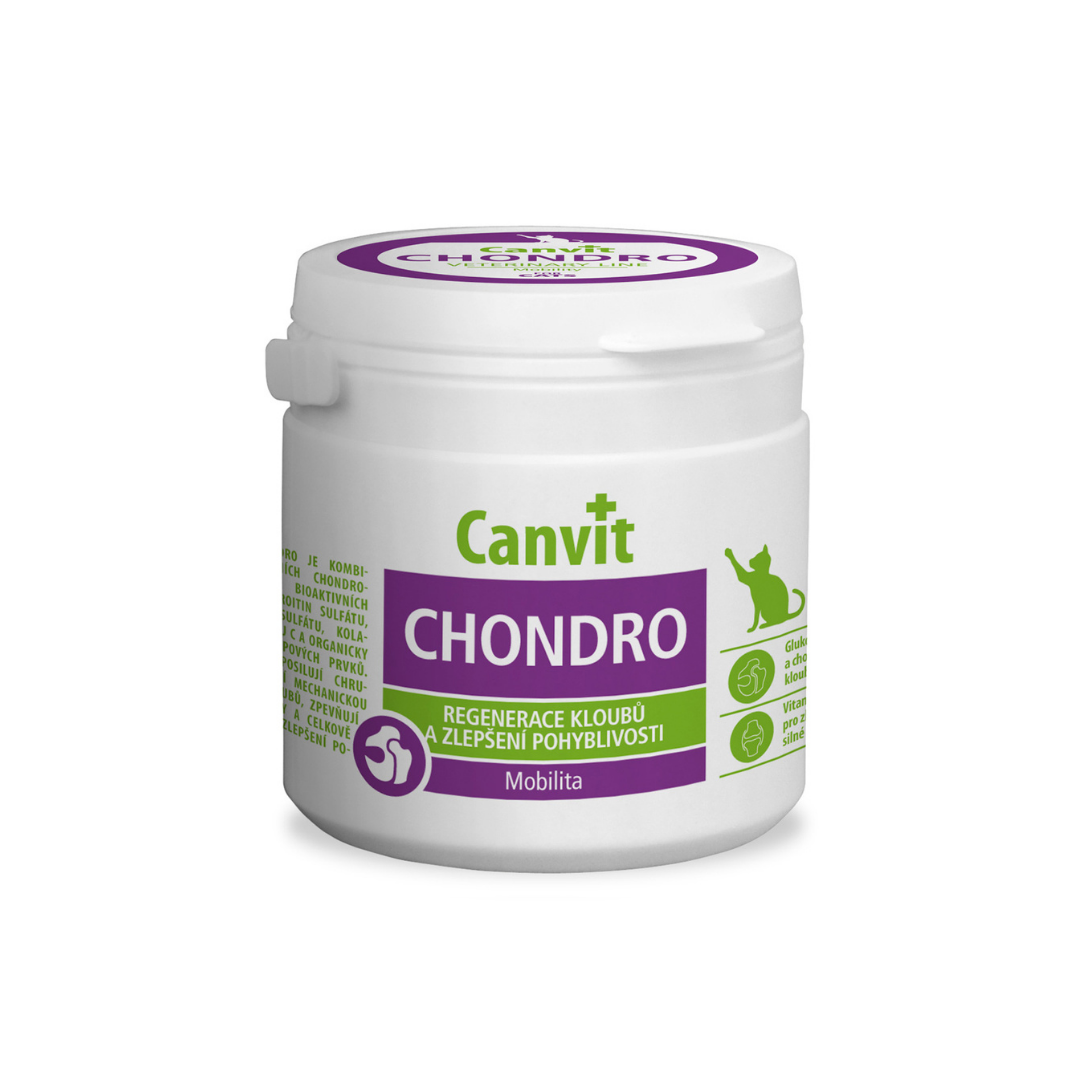 Canvit Chondro joint support supplement for cats by Pet Nourish, showing the 100g container and supplement tablets.