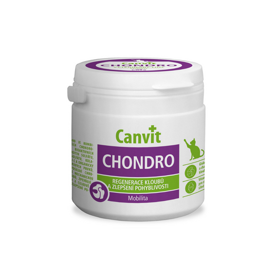 Canvit Chondro joint support supplement for cats by Pet Nourish, showing the 100g container and supplement tablets.