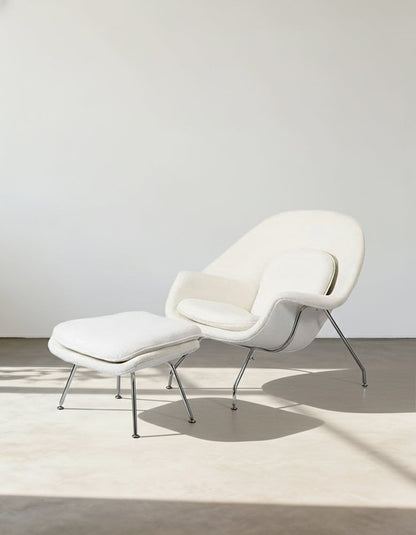 Womb Style Chair & Ottoman In Premium Velvet or Linen, White