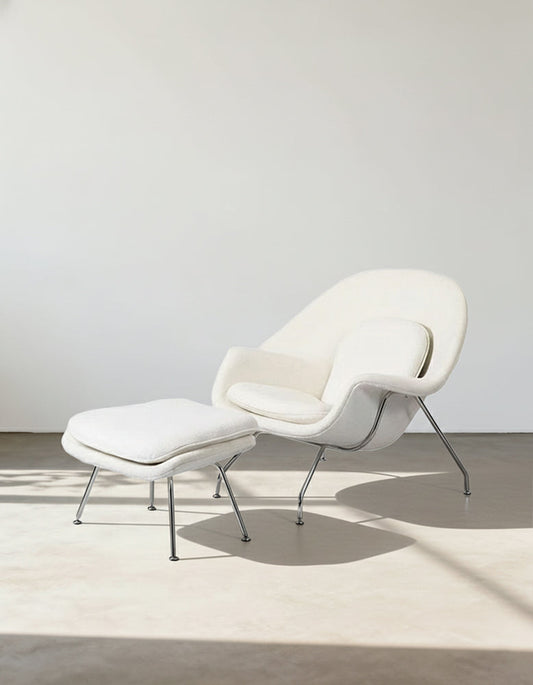 Womb Style Chair & Ottoman In Premium Velvet or Linen, White