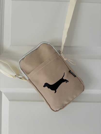 Dachshund sausage dog cross body bag with attached pouch and zipper, featuring a playful 2D dog design by The Bonnie Hound.