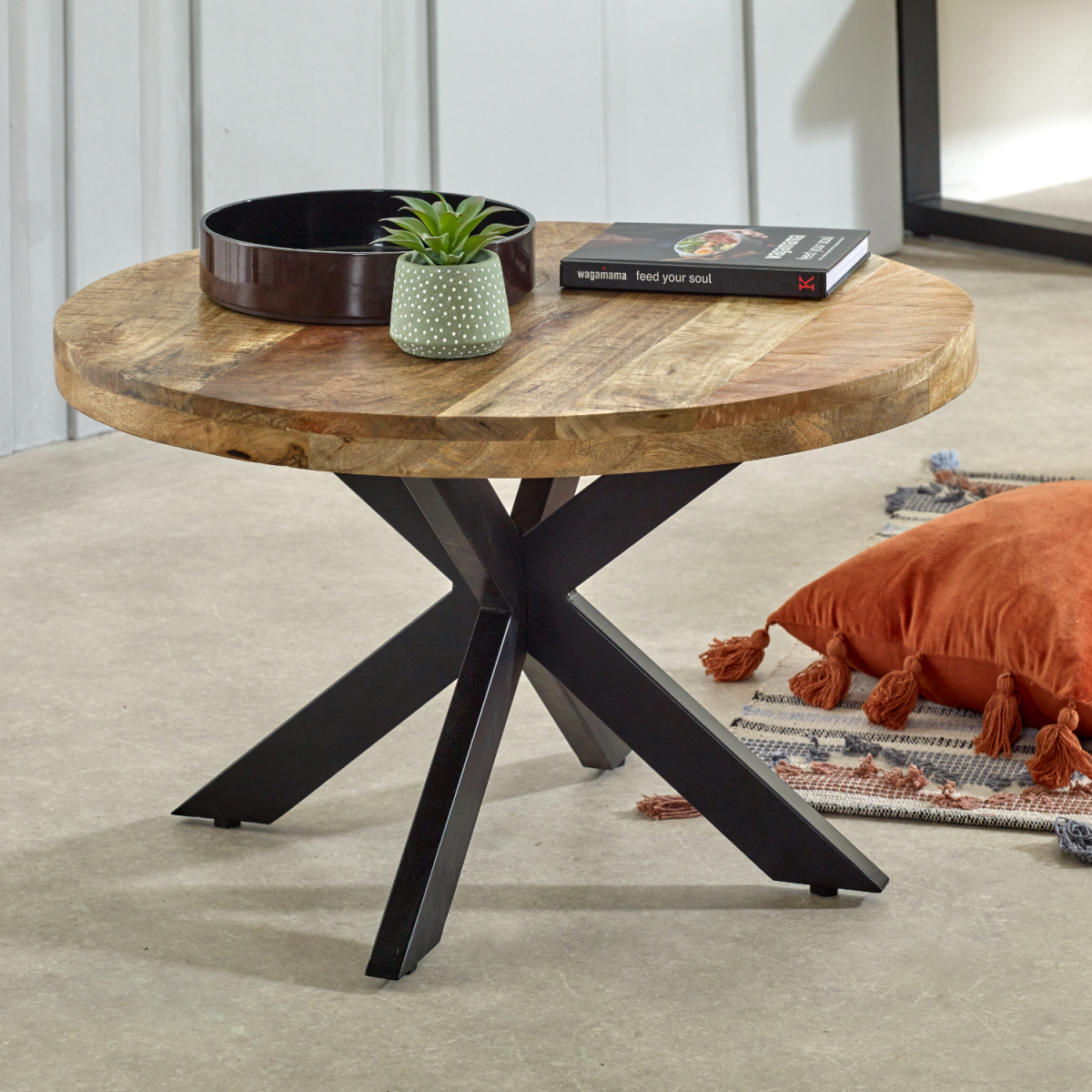 InStock Surrey solid wood coffee table with metal spider legs, showcasing a smooth wooden surface and modern industrial design.