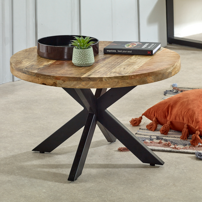 InStock Surrey solid wood coffee table with metal spider legs, showcasing a smooth wooden surface and modern industrial design.