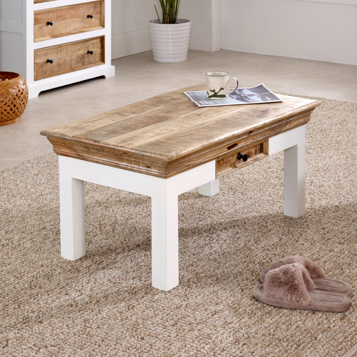 Alfie coffee table with drawer in solid mango wood, showcasing a modern home and kitchen furniture design.