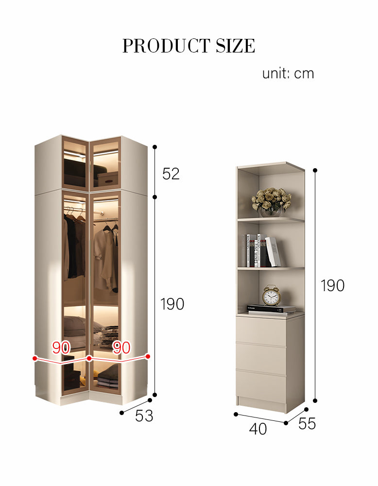 DC Concept Varela glass door wardrobe with built-in lights, available in multiple sizes, modern corner wardrobe design.