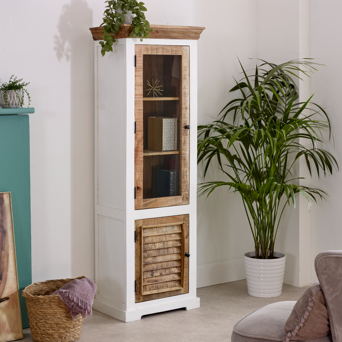 Alfie wood bookcase with 3 shelves and a door, home display cabinet in natural wood finish, from InStock.