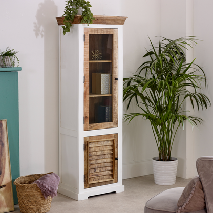 Alfie wood bookcase with 3 shelves and a door, home display cabinet in natural wood finish, from InStock.