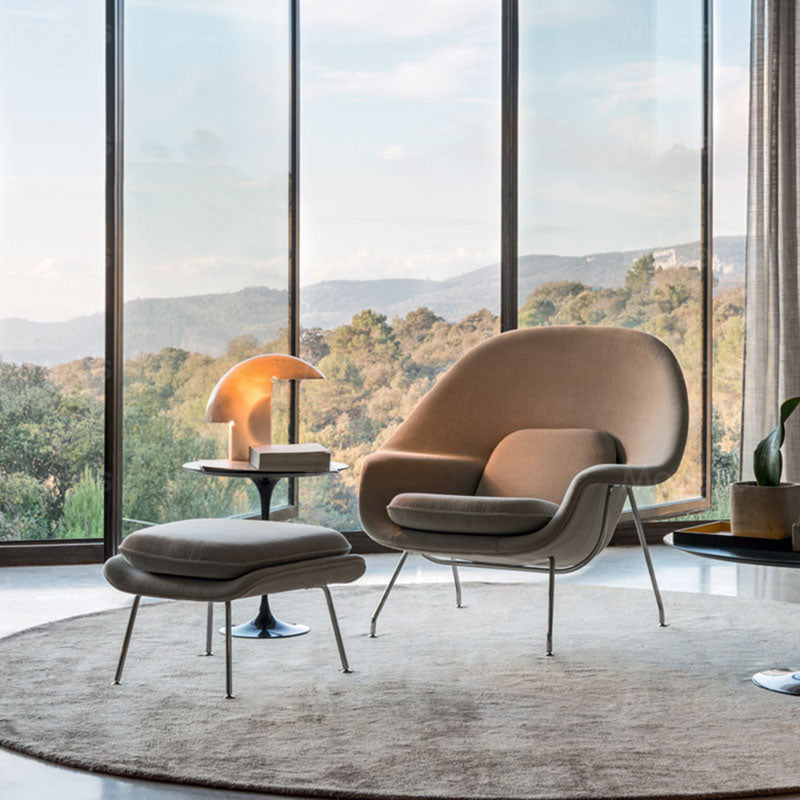 Womb Style Chair & Ottoman In Premium Velvet or Linen, White