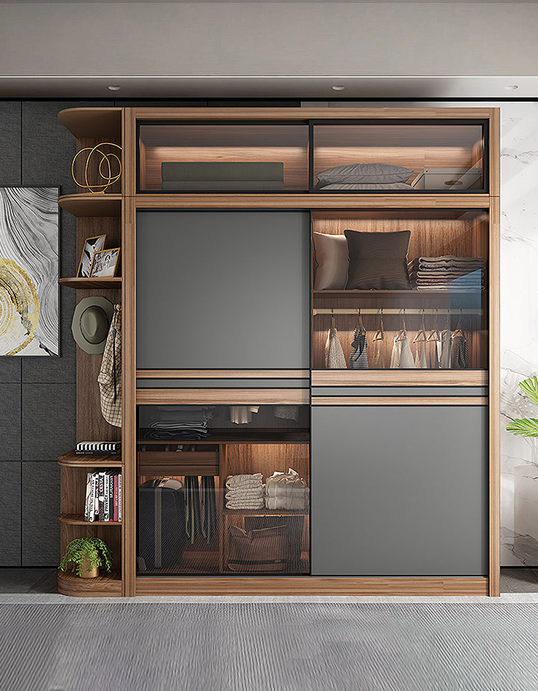 Ueda double sliding door wardrobe with integrated lights, wooden finish, sleek design, by DC Concept.