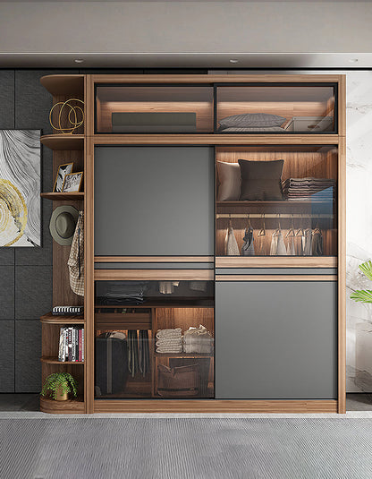 Ueda double sliding door wardrobe with integrated lights, wooden finish, sleek design, by DC Concept.