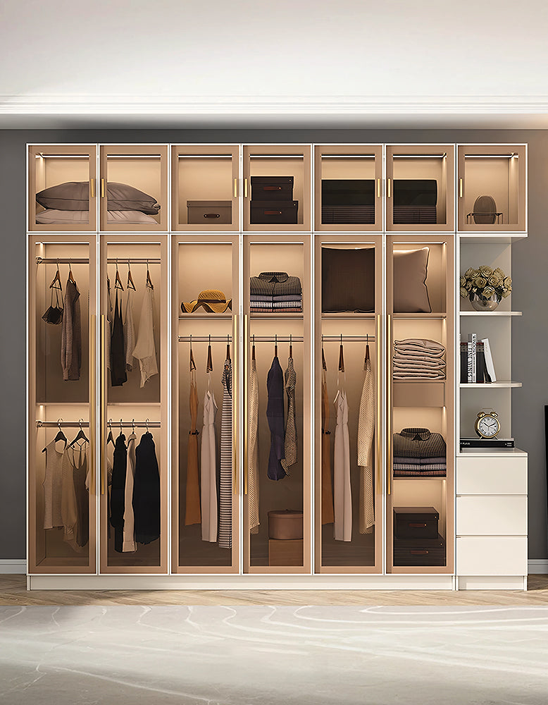 DC Concept Varela glass door wardrobe with built-in lights, available in multiple sizes, corner design with sleek glass panels.