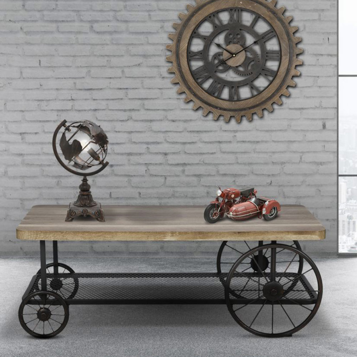 InStock craft wheel coffee table with a round wooden top and metal base, modern furniture piece for living room decor.