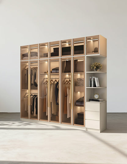 DC Concept Varela glass door wardrobe in various sizes with corner design and built-in lighting, featuring sleek glass panels.