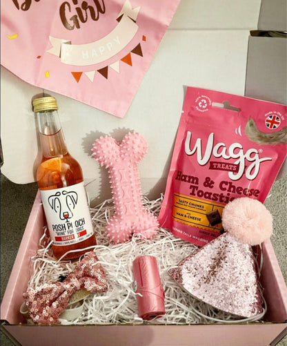 Birthday Girl dog hamper by The Bonnie Hound with treats and toys for celebrating furry friends.