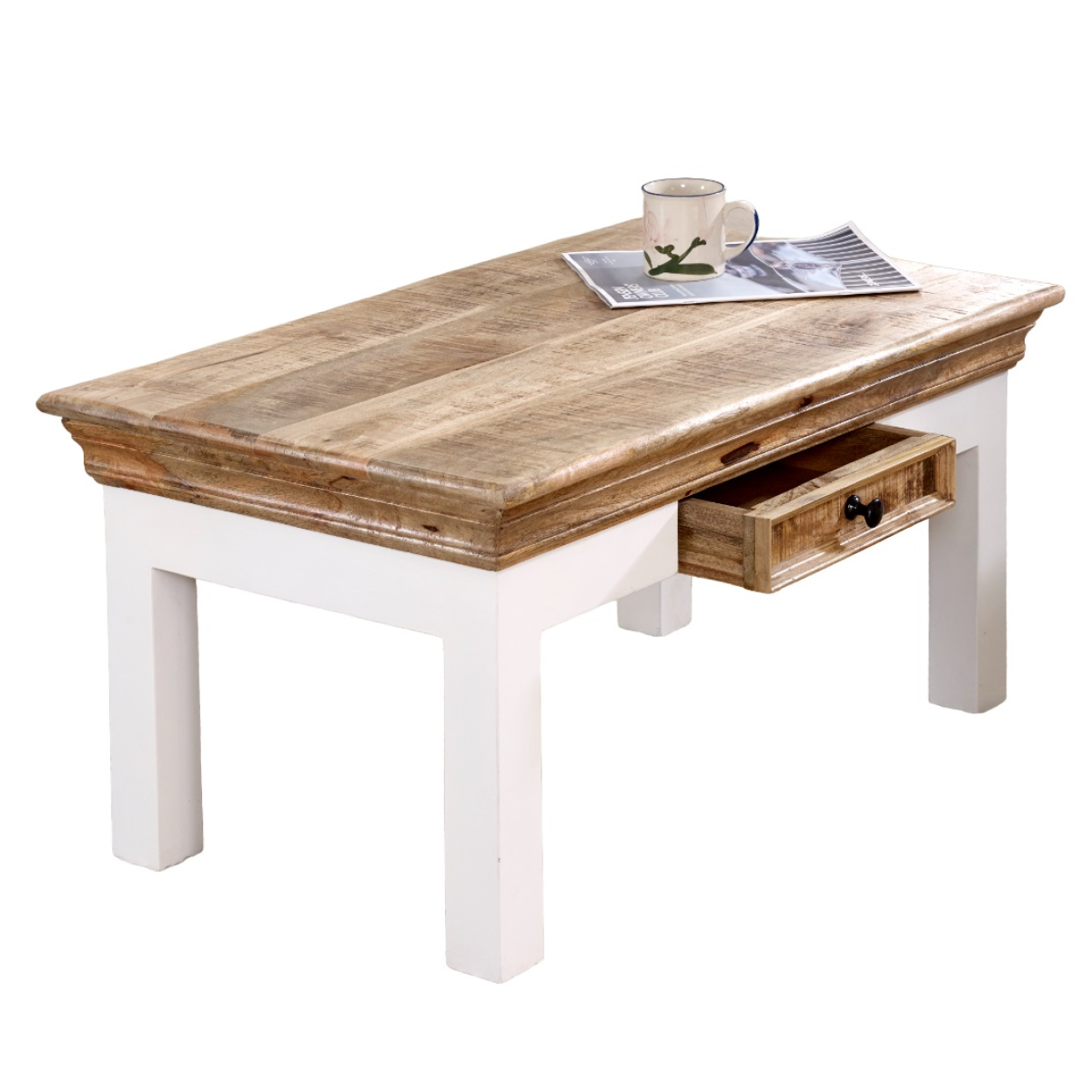 Alfie coffee table with drawer made of solid mango wood, showcasing a modern design with a smooth finish and natural wood grain.