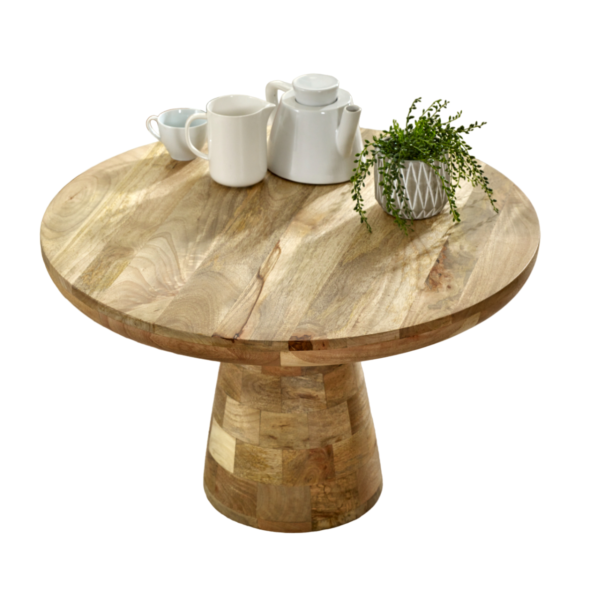 Solid wood Surrey mushroom-shaped coffee table by InStock, featuring a natural wood finish and smooth, rounded design for modern living spaces.