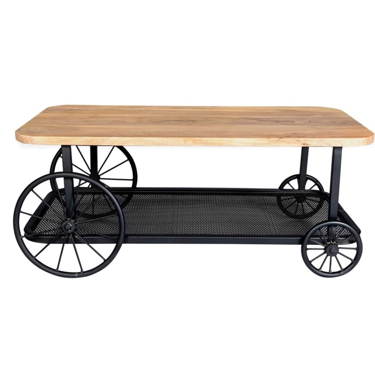 InStock Craft Wheel Coffee Table with a round wooden surface and metal legs, modern furniture piece for living rooms.