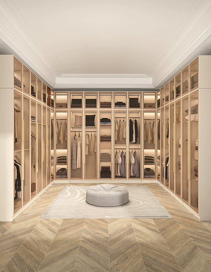 DC Concept Varela glass door wardrobe in multiple sizes with built-in lights, corner design, modern bedroom storage solution.