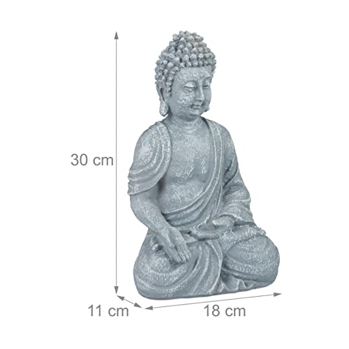 Sitting Buddha garden ornament by Relaxdays, 30 cm tall, weatherproof light grey sculpture, decorative outdoor figurine.