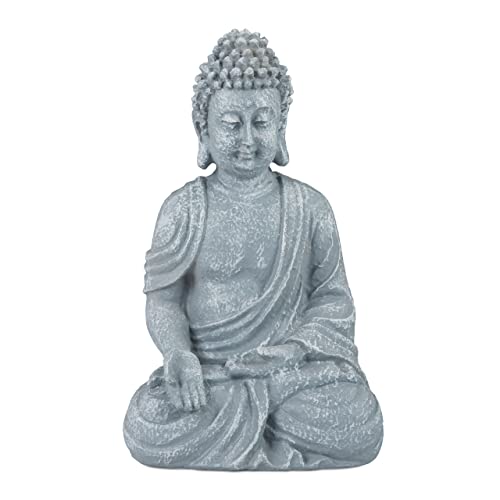 Weatherproof grey sitting Buddha ornament sculpture, 30 cm tall, garden decorative figurine, crafted for outdoor use.