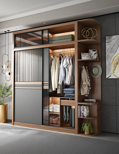 DC Concept Ueda double sliding door wardrobe with built-in lights, wood finish, showcasing sleek modern bedroom storage.