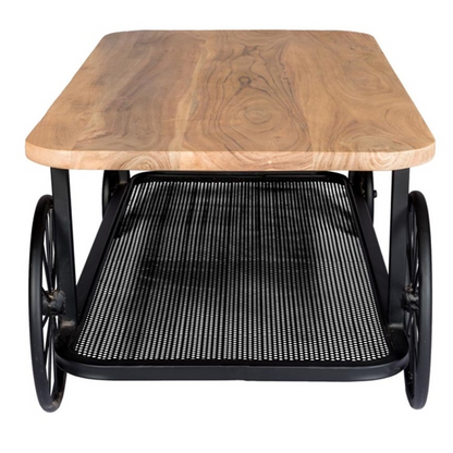InStock Craft Wheel coffee table with a round wooden tabletop and metal base, modern furniture piece for living rooms.
