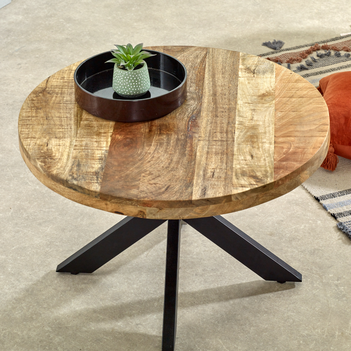 InStock Surrey solid wood coffee table with metal spider legs, showcasing a rectangular wooden surface and modern industrial design.