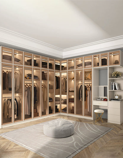 DC Concept Varela glass door wardrobe with built-in lights, available in multiple sizes, corner design, modern bedroom storage solution