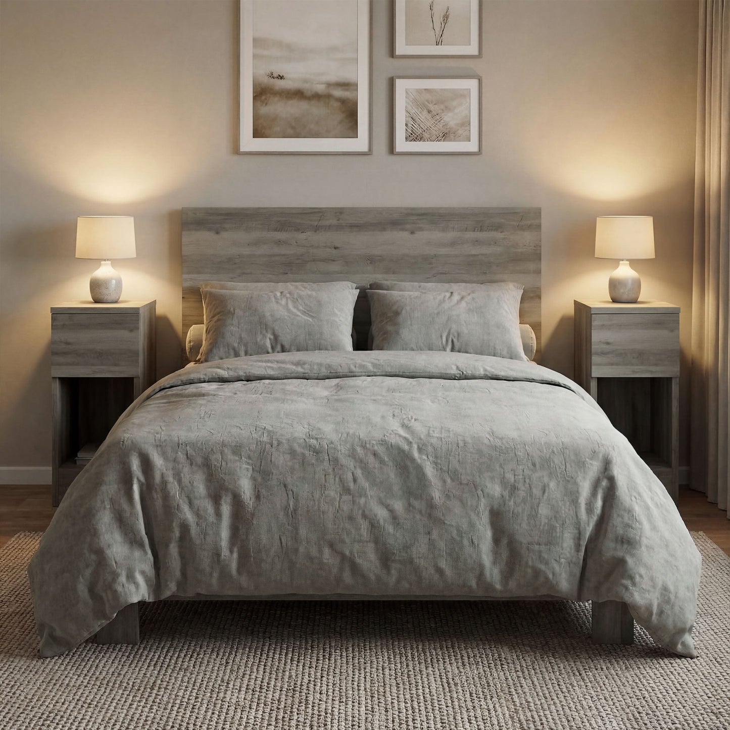 Pair of grey modern storage bedside tables from Wise Galleria with sleek design and functional drawers, perfect for bedroom organization.