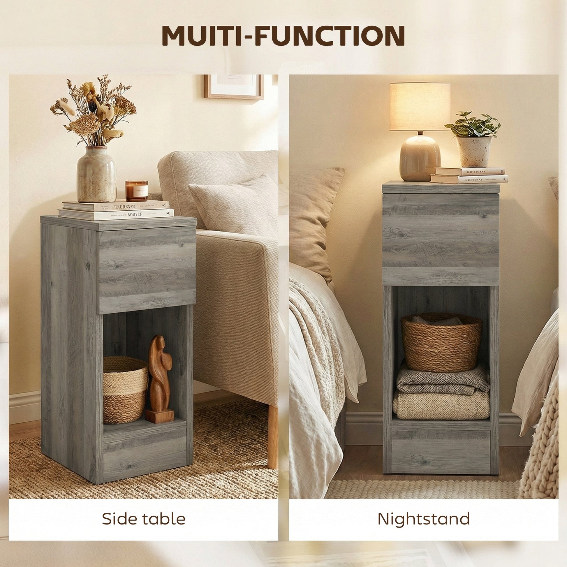 Two grey modern storage bedside tables by Wise Galleria featuring sleek design and drawers for bedroom organization.