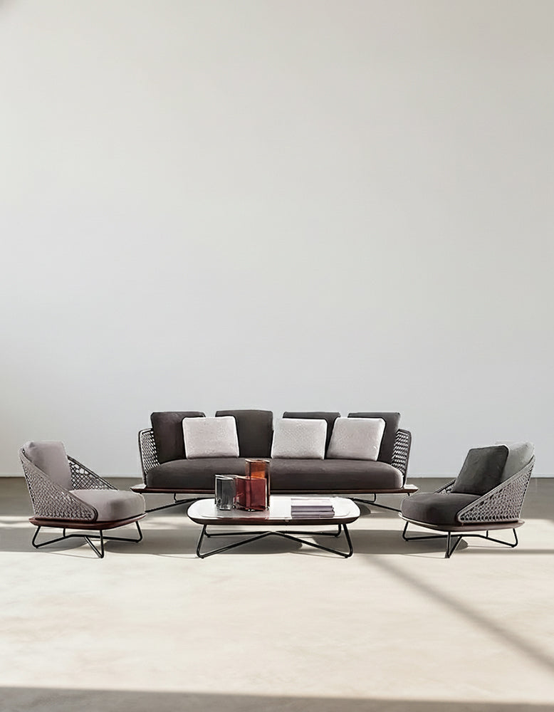 DC Concept Zarina outdoor sofa set with garden armchair, featuring cushioned seats and stylish woven design for patio outdoor lounging
